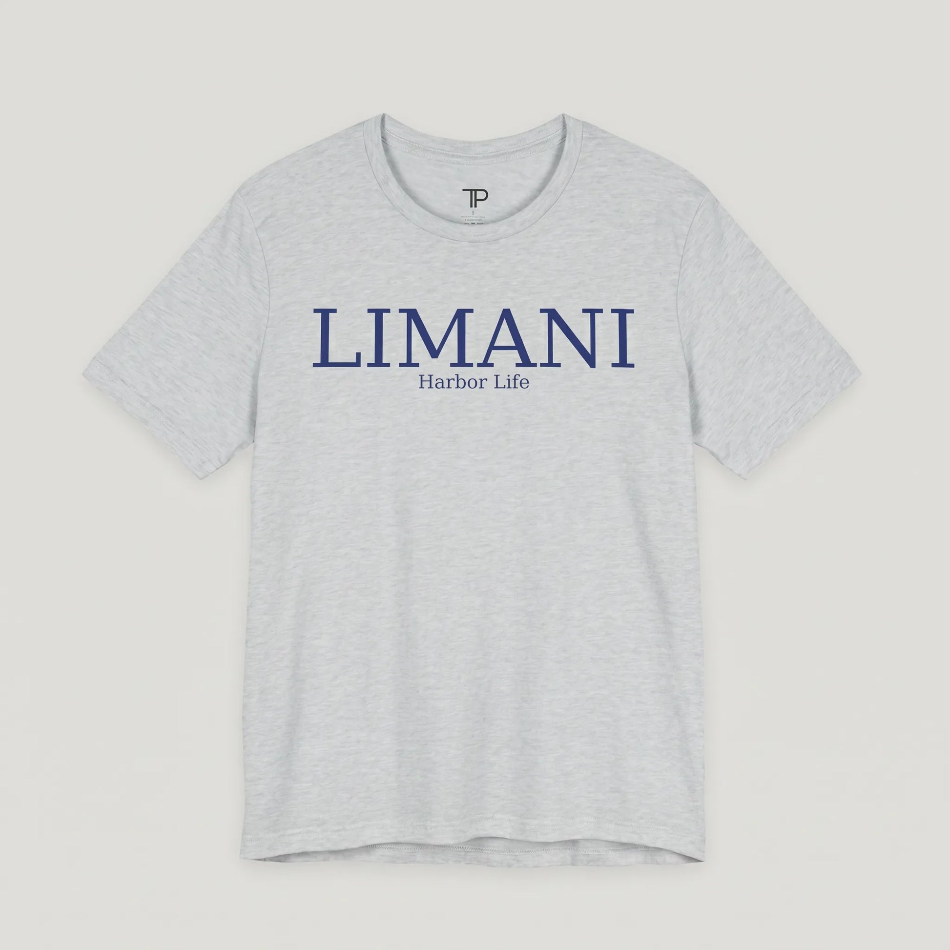 Gray t-shirt with 'LIMANI' and 'Harbor Life' text on a light gray background