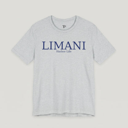 Gray t-shirt with 'LIMANI' and 'Harbor Life' text on a light gray background