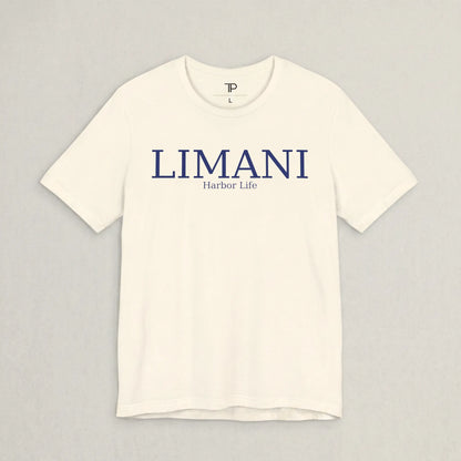 White t-shirt with 'LIMANI' and 'Harbor Life' text on a gray background