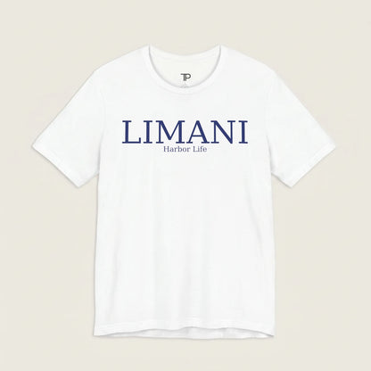 White t-shirt with 'LIMANI' and 'Harbor Life' text on a beige background