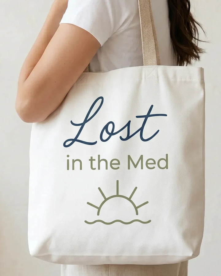 Lost in the Med Tote Bag, Minimal Mediterranean Beach Tote, ToldPrint Mediterranean graphic tote bag