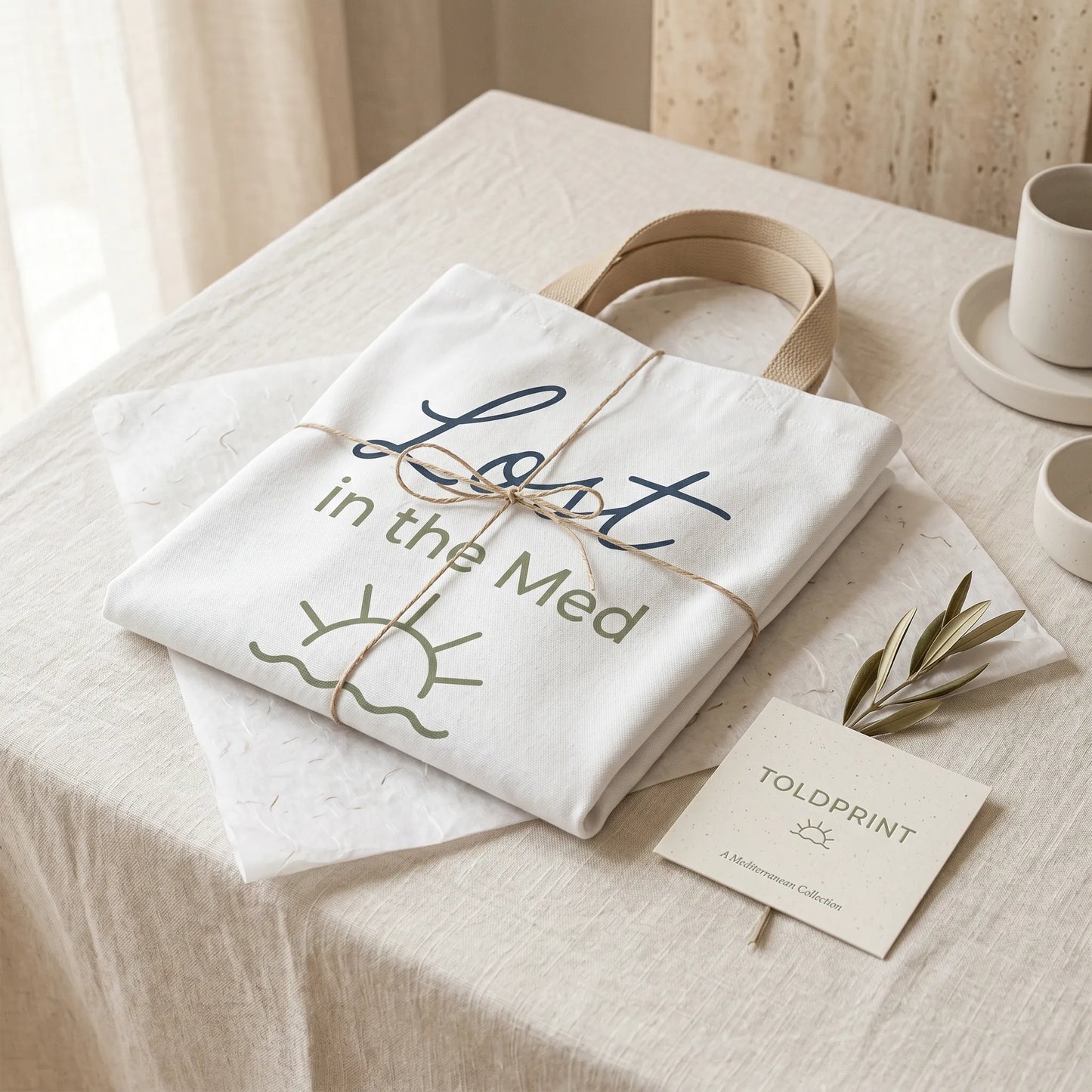 White tote bag with 'Lost in the Med' text on a light wooden table with a card and plant.