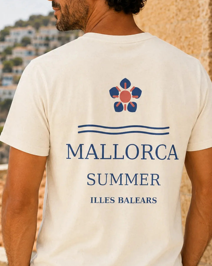 Mallorca Summer ivory Comfort Colors T-shirt with Mediterranean blue and coral back print