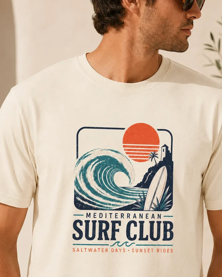 Mediterranean Surf Club T-Shirt - Comfort Colors Summer Surf Tee, ToldPrint Mediterranean graphic t-shirt