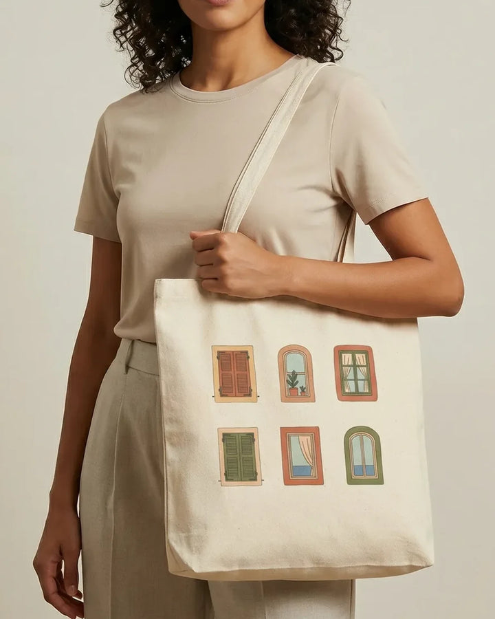 Mediterranean Windows Tote Bag, Coastal Architecture Design, Natural Cotton Shopper, Minimal Mediterranean Style, ToldPrin...