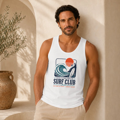 Man wearing a white tank top with a 'Mediterranean Surf Club' logo, standing against a beige wall.