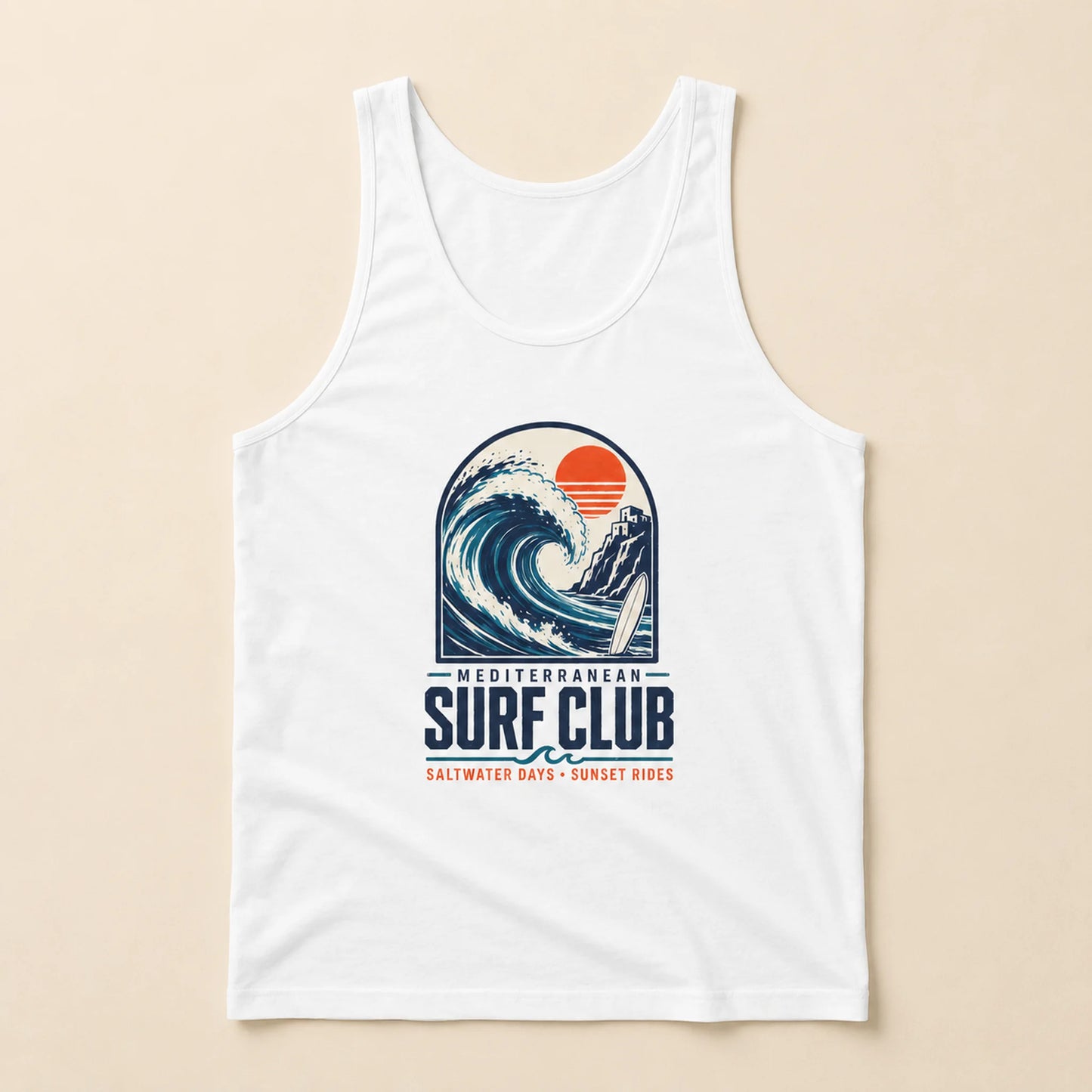 White tank top with a Mediterranean Surf Club graphic on a beige background