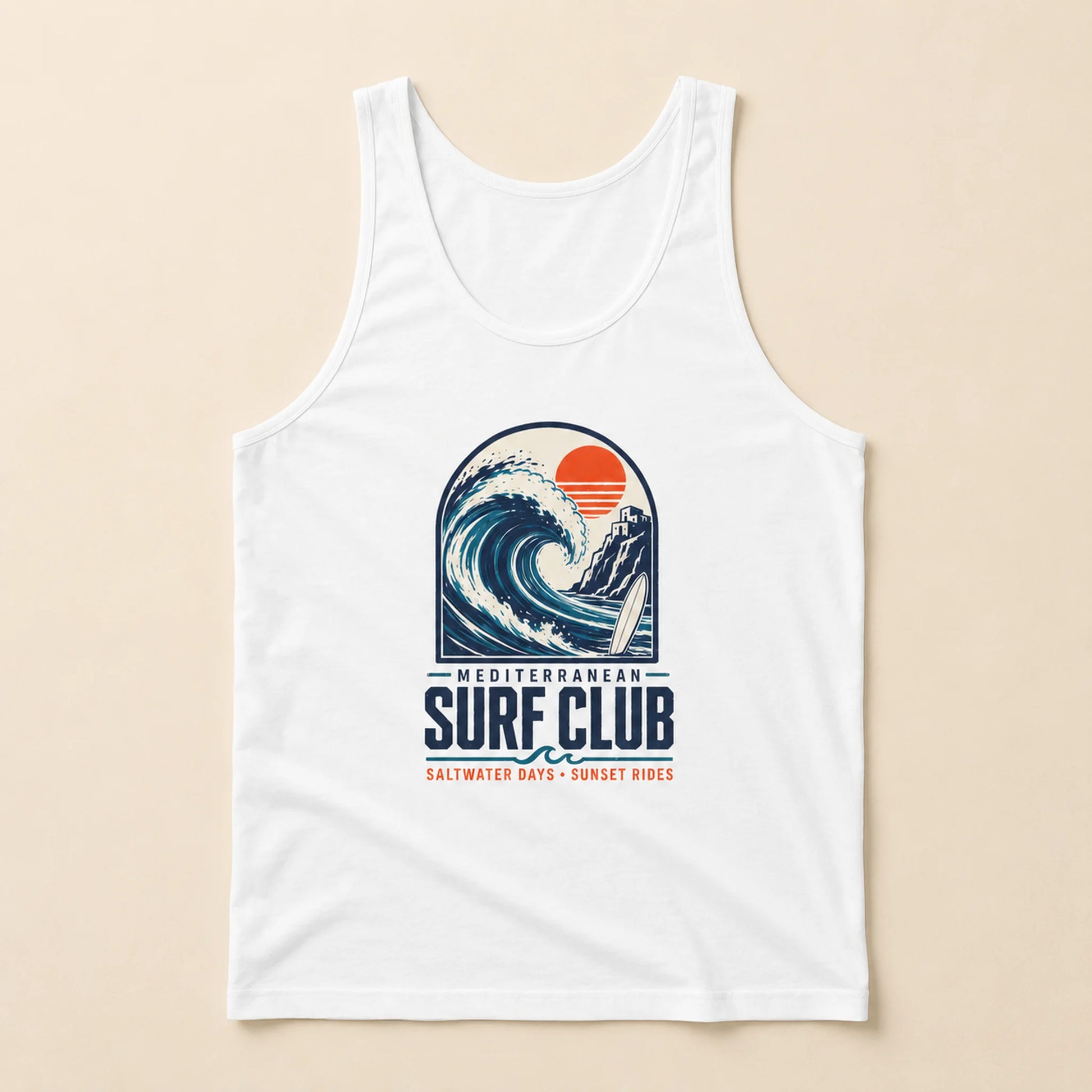 White tank top with a Mediterranean Surf Club graphic on a beige background