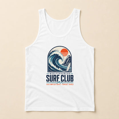 White tank top with a Mediterranean Surf Club graphic on a beige background
