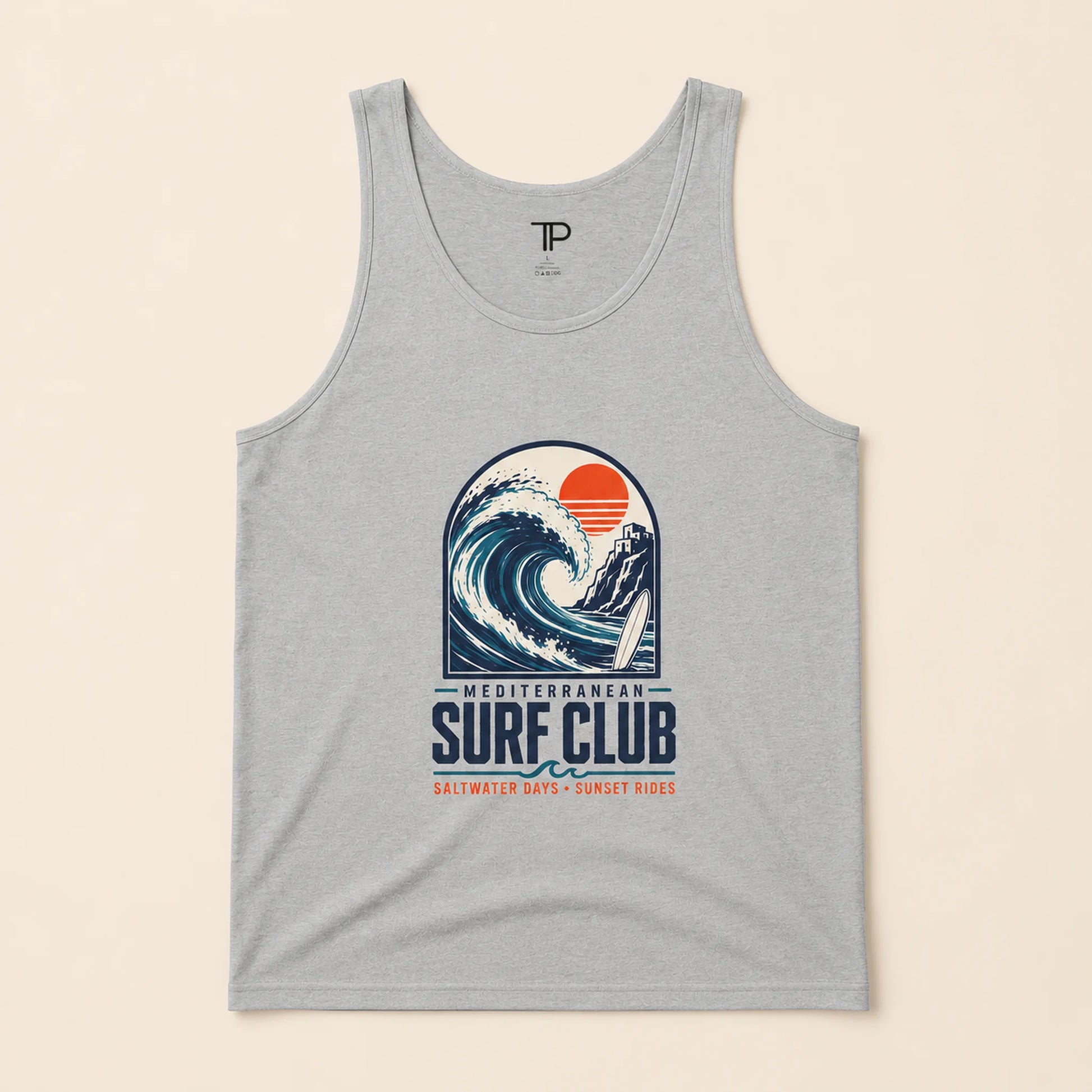 Gray tank top with Mediterranean Surf Club graphic on a beige background