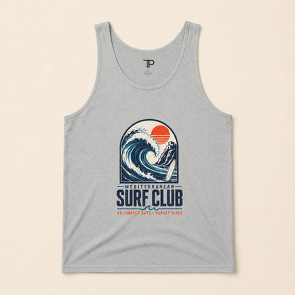 Gray tank top with Mediterranean Surf Club graphic on a beige background