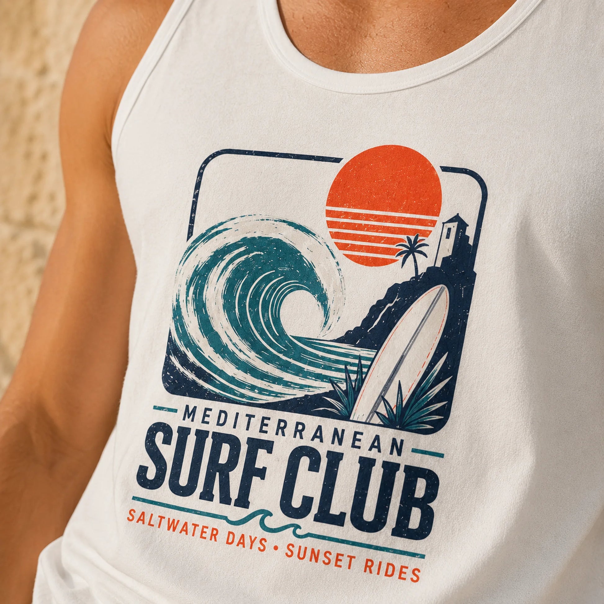 TP HERO: White tank top with Mediterranean Surf Club graphic design featuring a wave, sun, and surfboard.