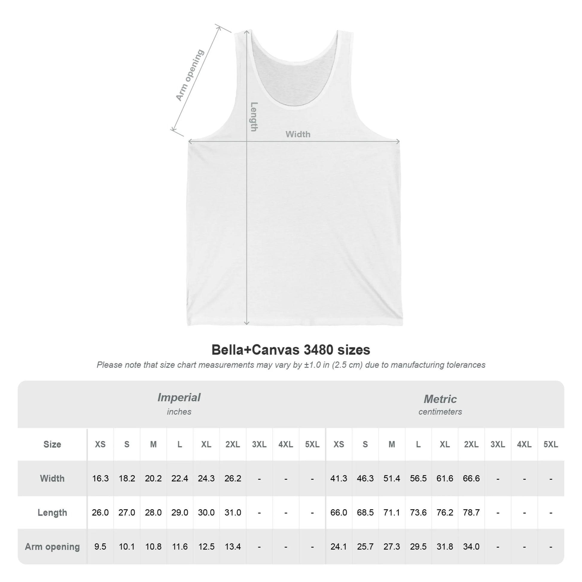 White tank top with measurement chart on a white background
