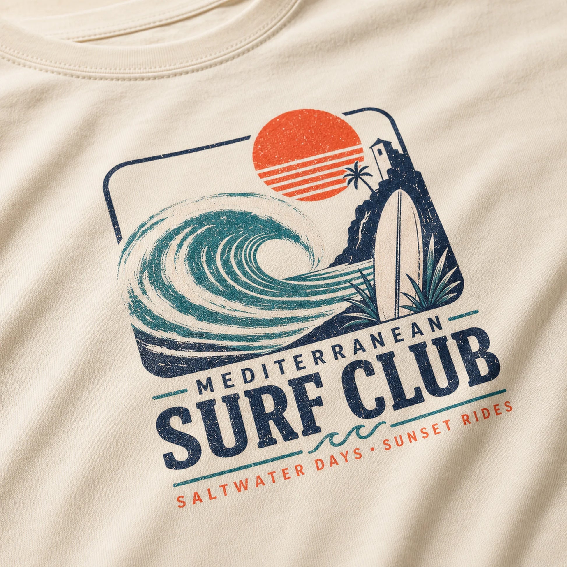 Beige t-shirt with Mediterranean Surf Club graphic design featuring a wave, sun, and surfboard.