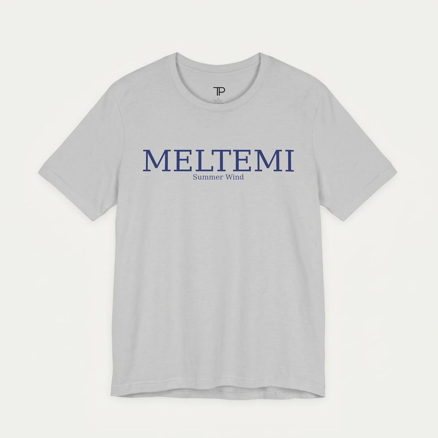 Gray t-shirt with 'MELTEMI' text on a white background