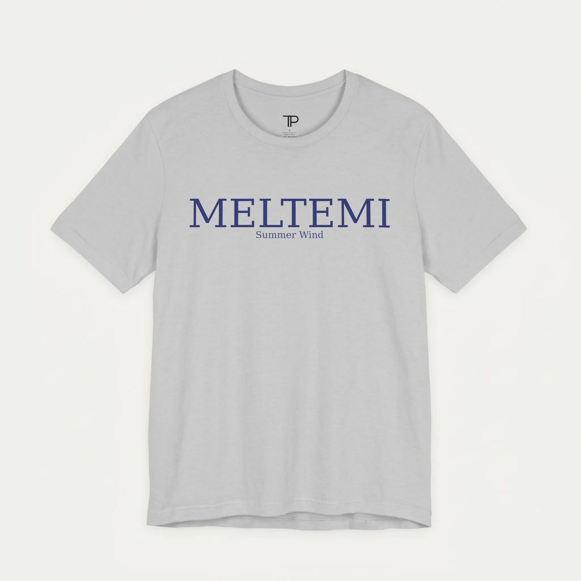 Gray t-shirt with 'MELTEMI' text on a white background