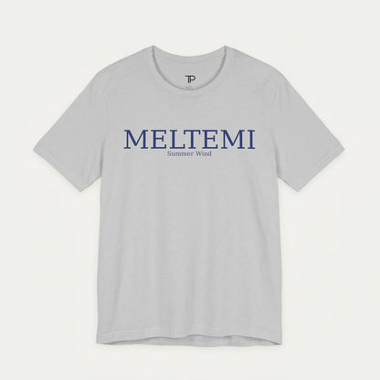 Gray t-shirt with 'MELTEMI' text on a white background