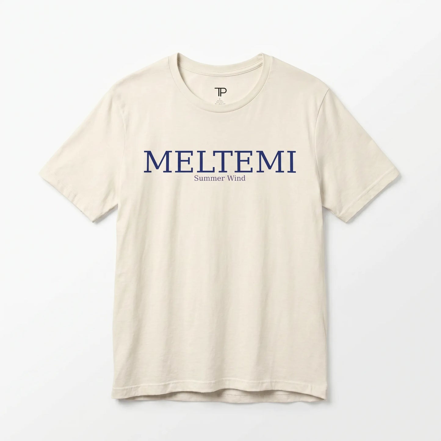 Beige t-shirt with 'MELTEMI' text on a white background