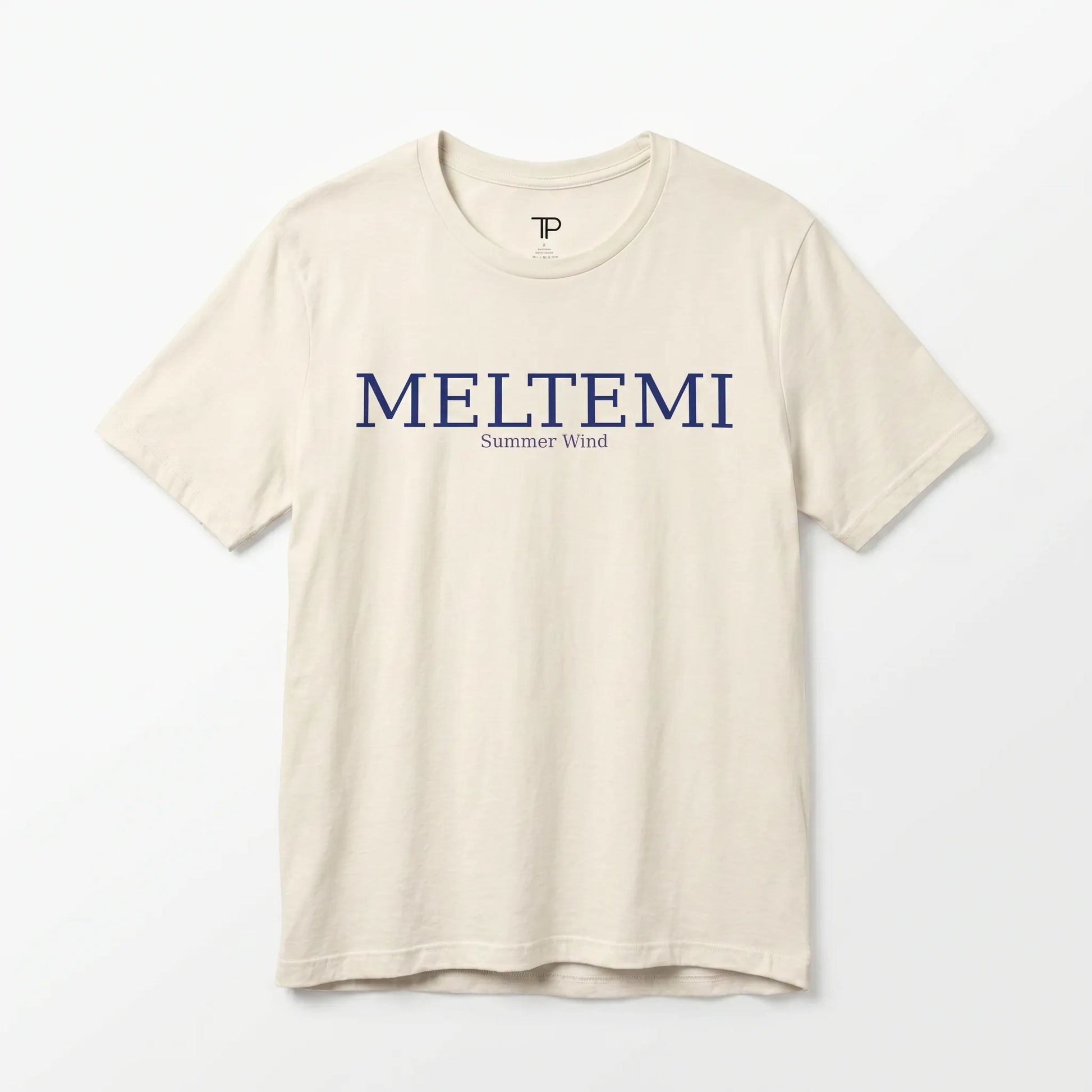 Beige t-shirt with 'MELTEMI' text on a white background