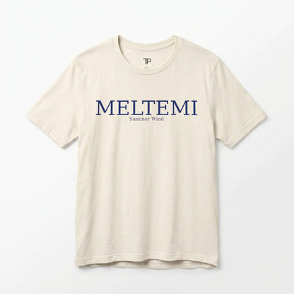 Beige t-shirt with 'MELTEMI' text on a white background