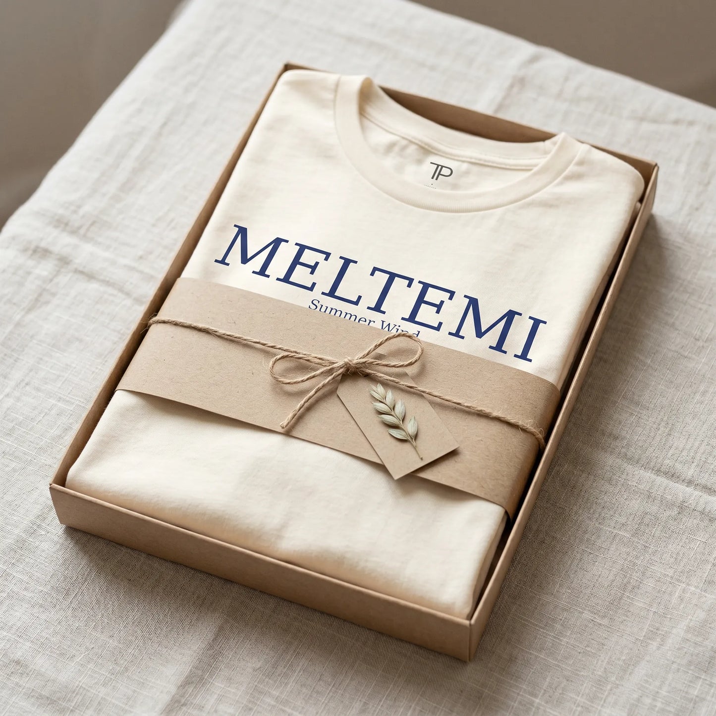 Beige t-shirt with 'MELTEMI' branding in a box on a textured surface
