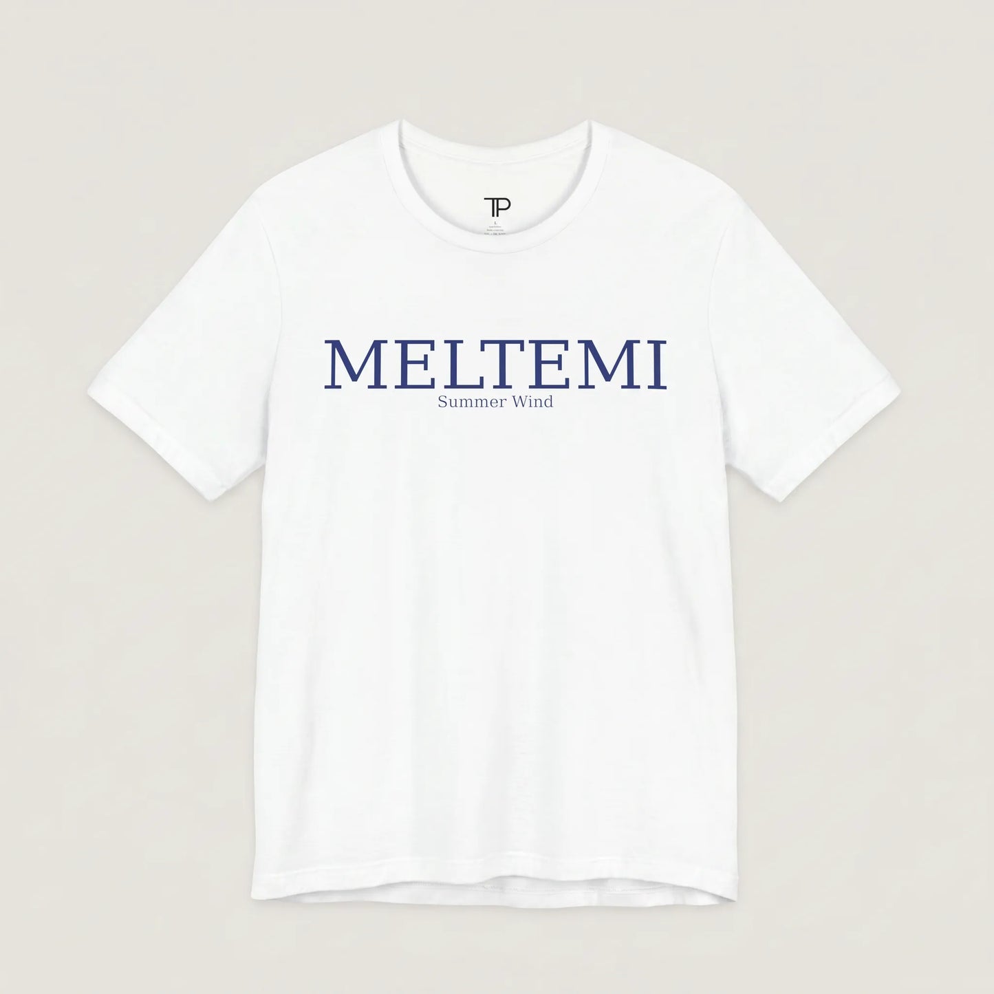 White t-shirt with 'MELTEMI' text on a light gray background