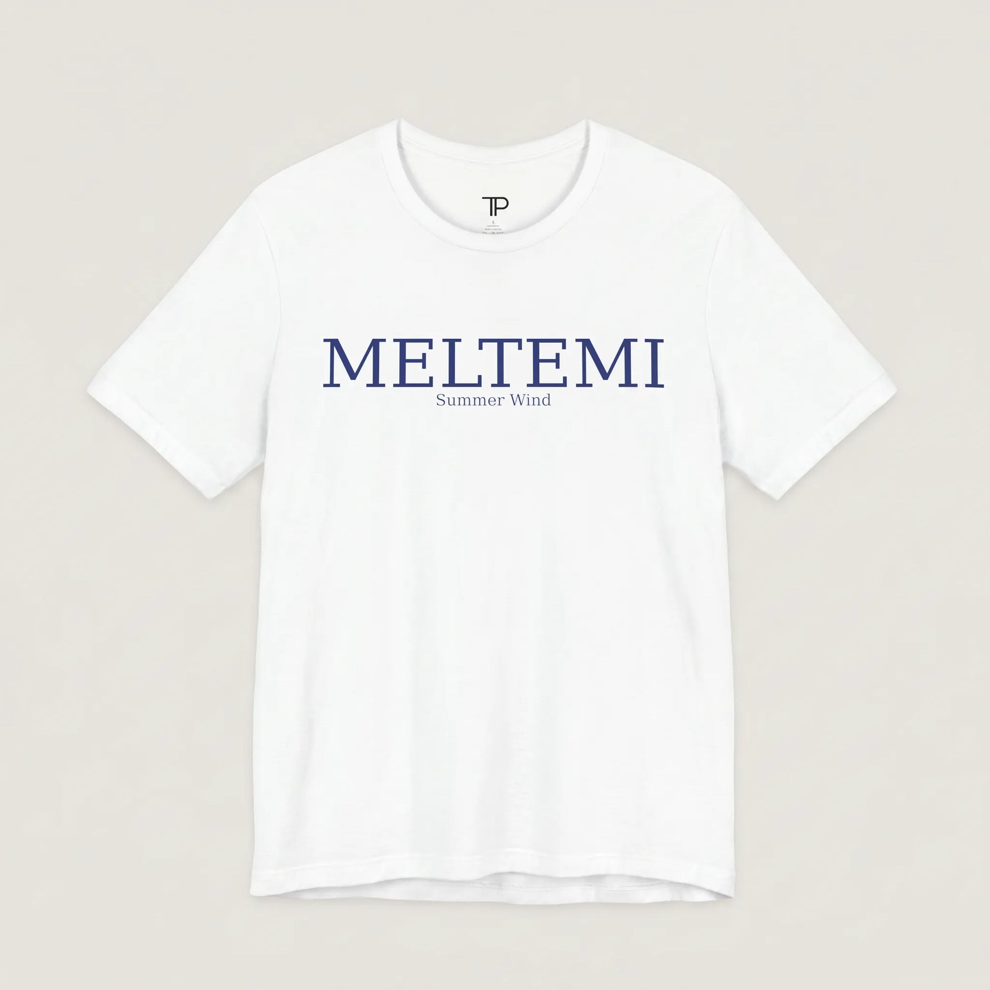 White t-shirt with 'MELTEMI' text on a light gray background