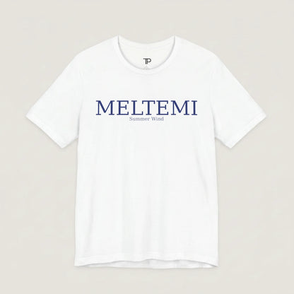 White t-shirt with 'MELTEMI' text on a light gray background