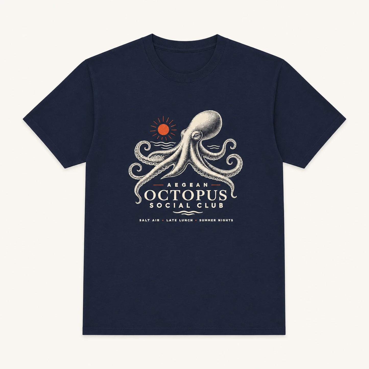 Navy blue t-shirt with octopus graphic and text on a white background