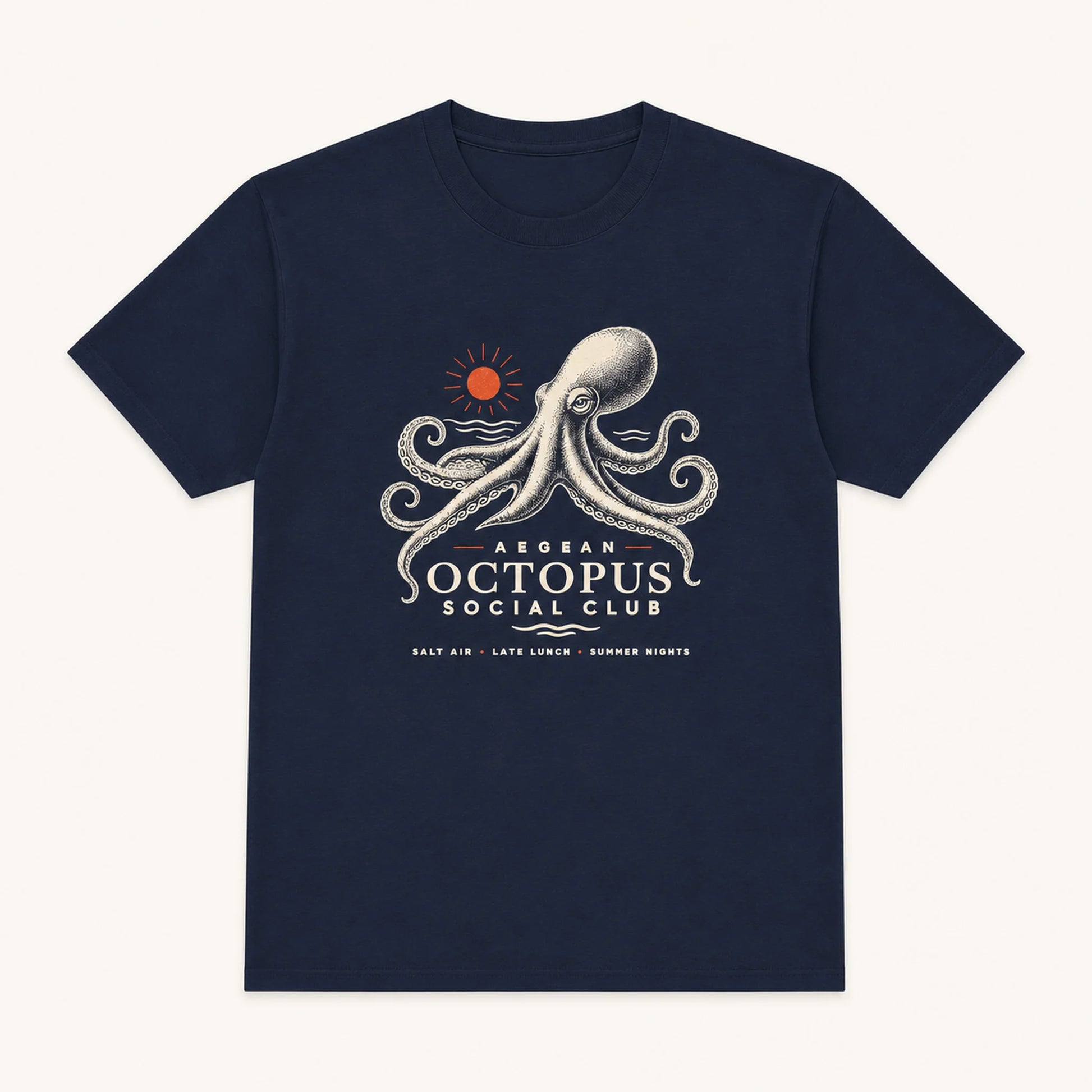 Navy blue t-shirt with octopus graphic and text on a white background