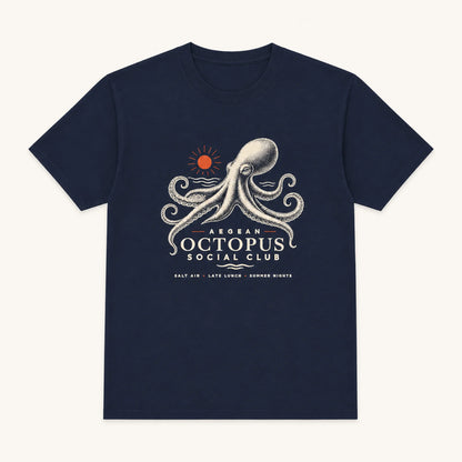 Navy blue t-shirt with octopus graphic and text on a white background