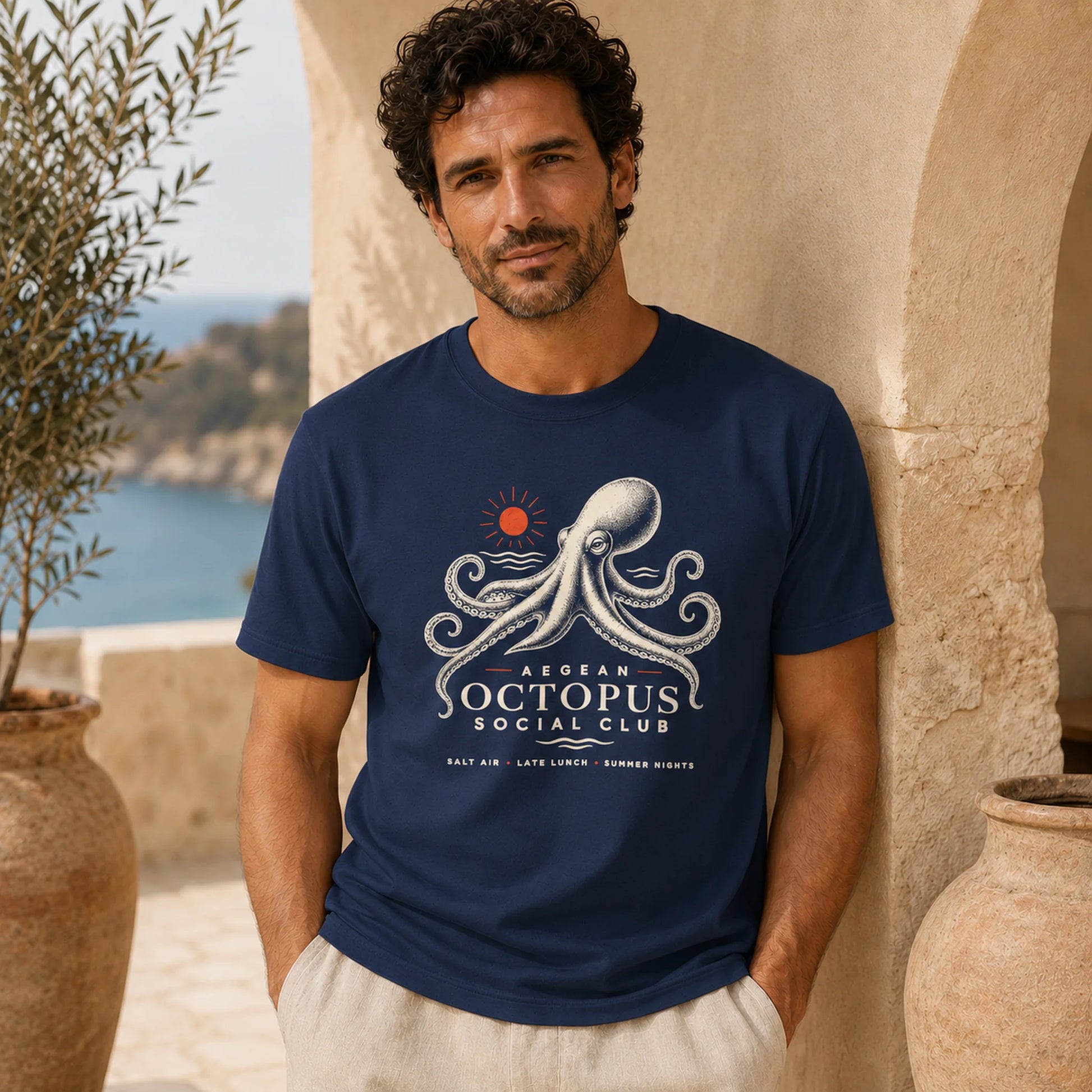 Man wearing a navy blue t-shirt with an octopus design and text, standing outdoors.