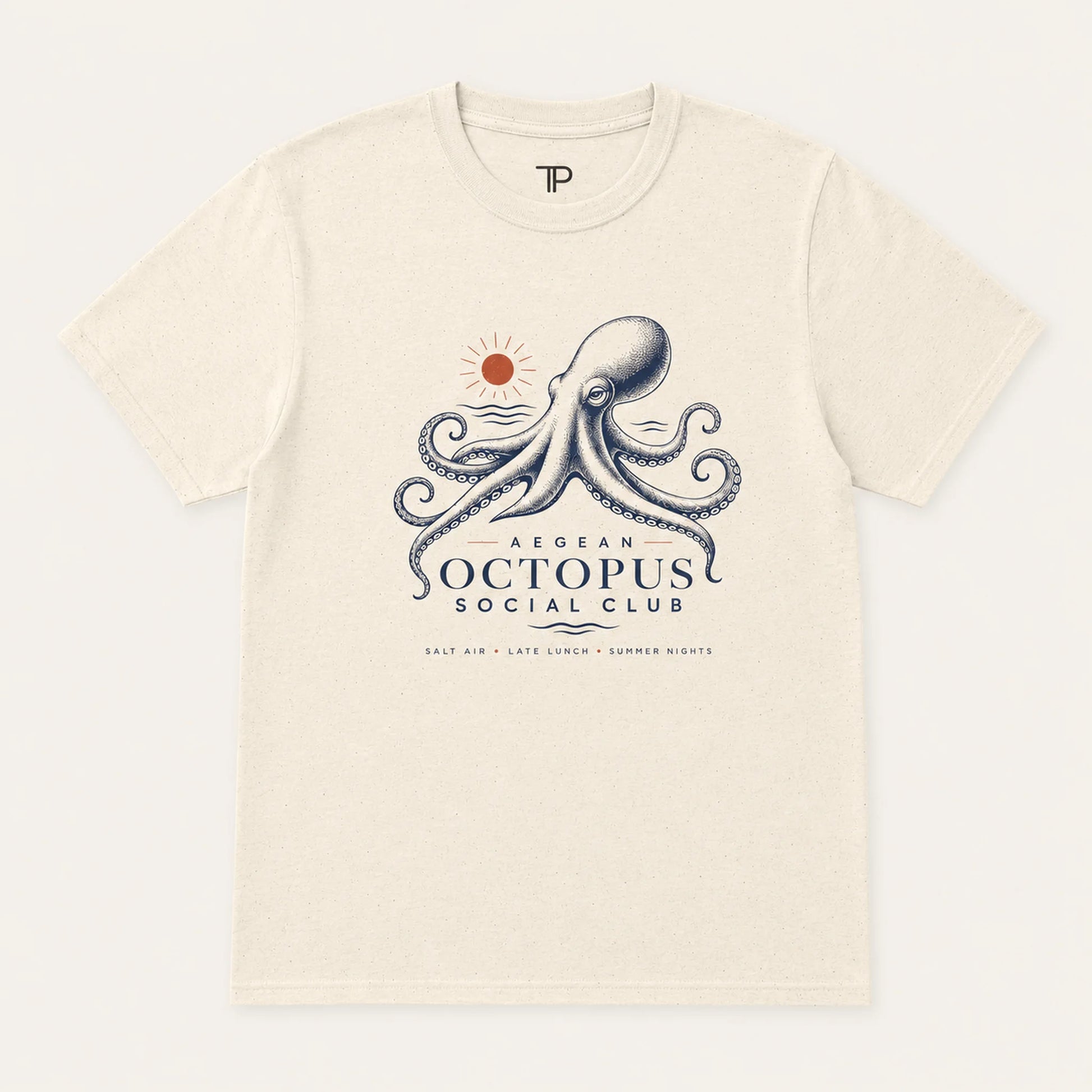 Beige t-shirt with octopus design and text on a white background