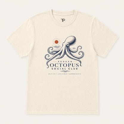 Beige t-shirt with octopus design and text on a white background