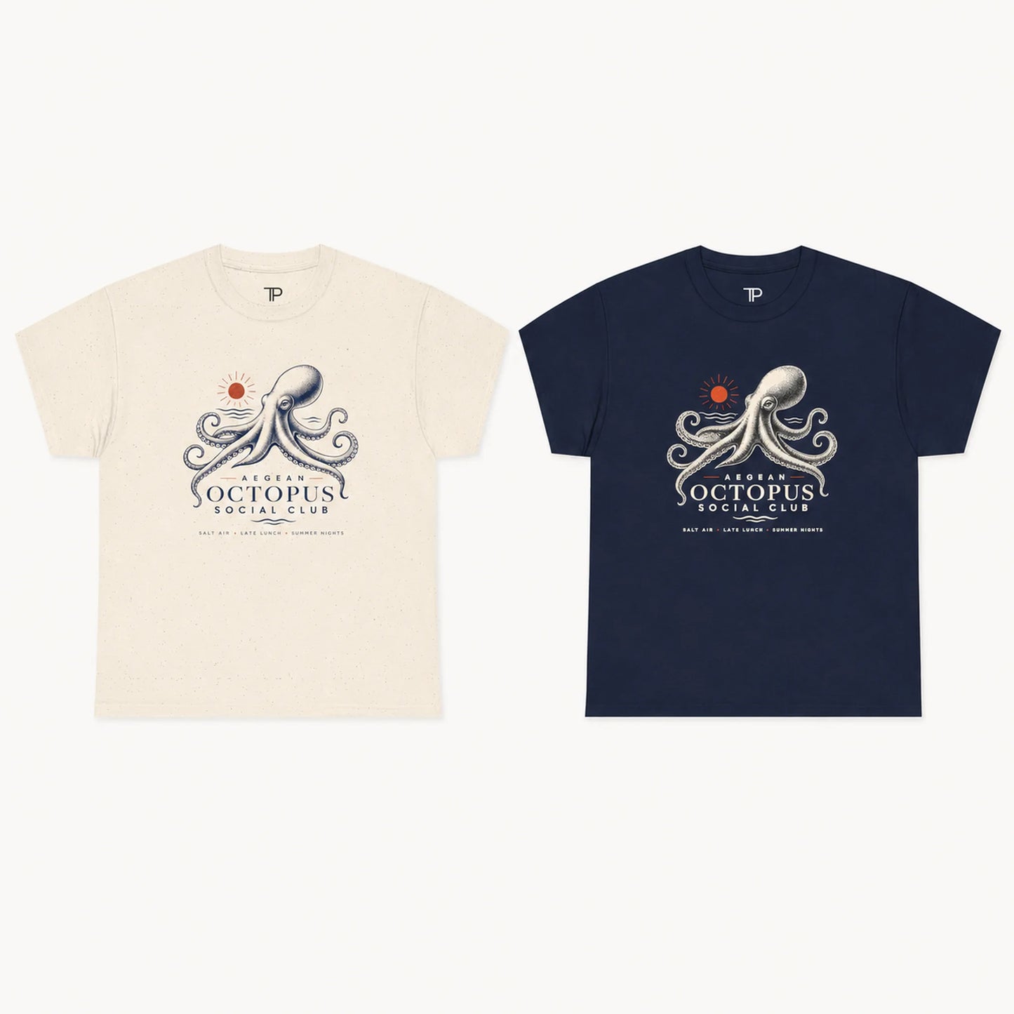 Two t-shirts, one beige and one navy, with an octopus graphic and text on a white background.