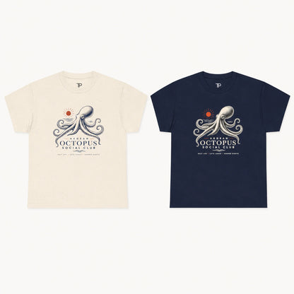 Two t-shirts, one beige and one navy, with an octopus graphic and text on a white background.