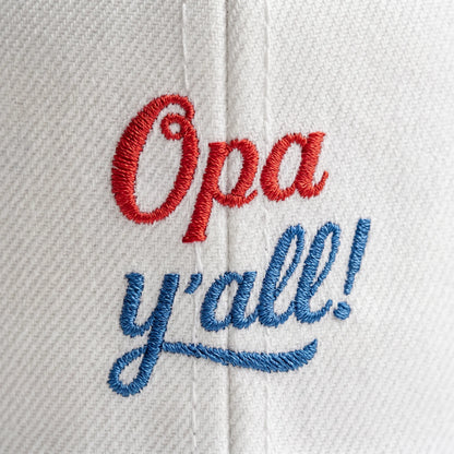 Embroidered text 'Opa y'all!' on a white background