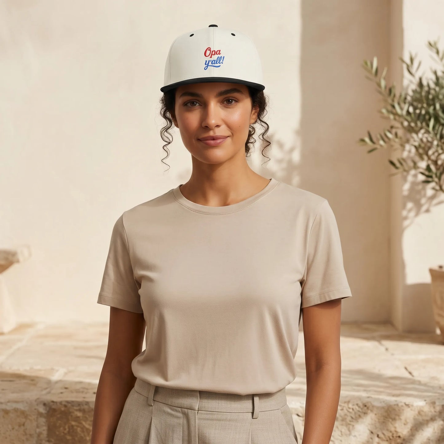 Woman wearing a beige t-shirt and white cap with text, standing in a sunlit outdoor setting.