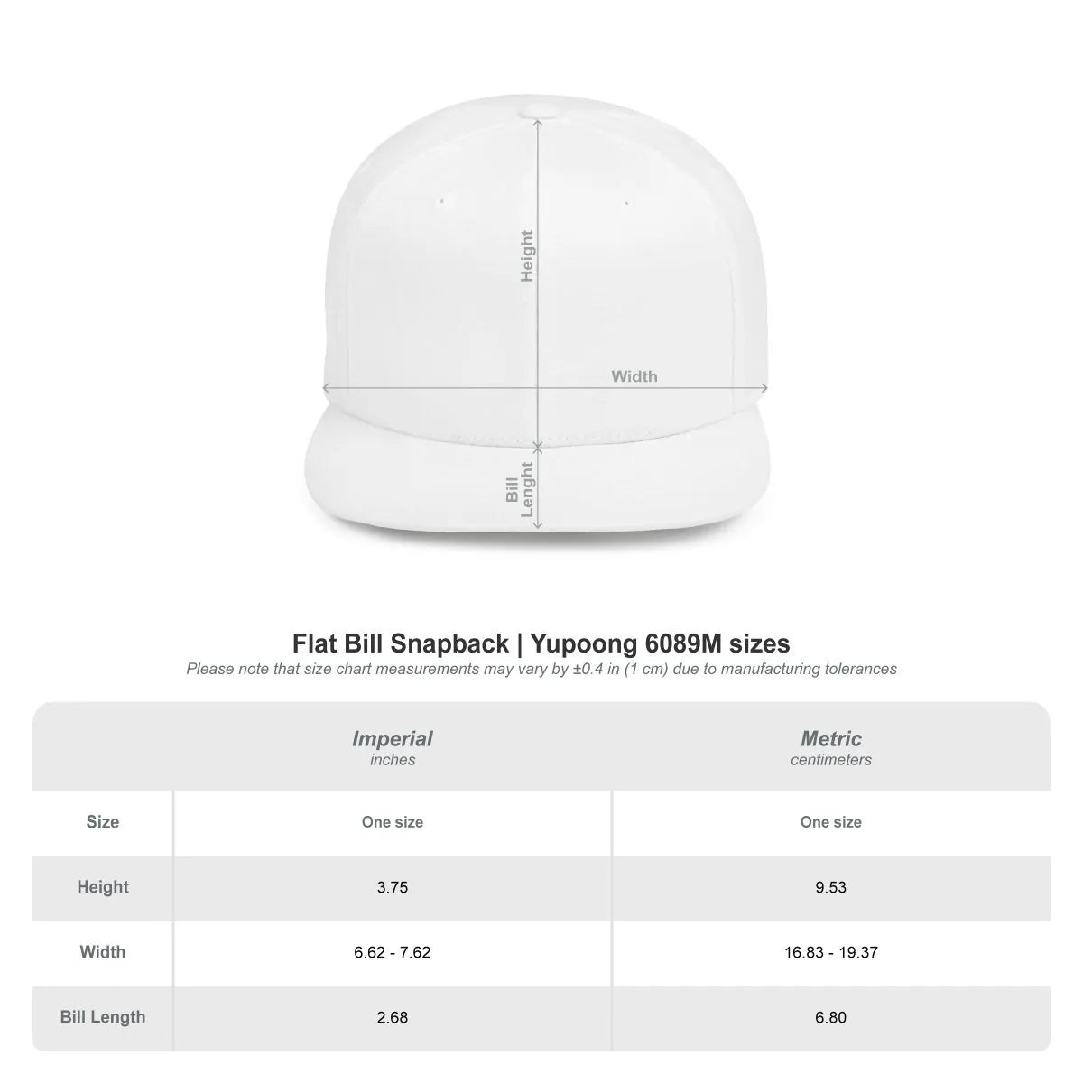White flat bill snapback cap with measurement chart on a white background