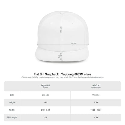 White flat bill snapback cap with measurement chart on a white background