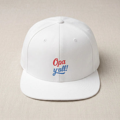 White cap with 'Opa y'all!' text on a beige background