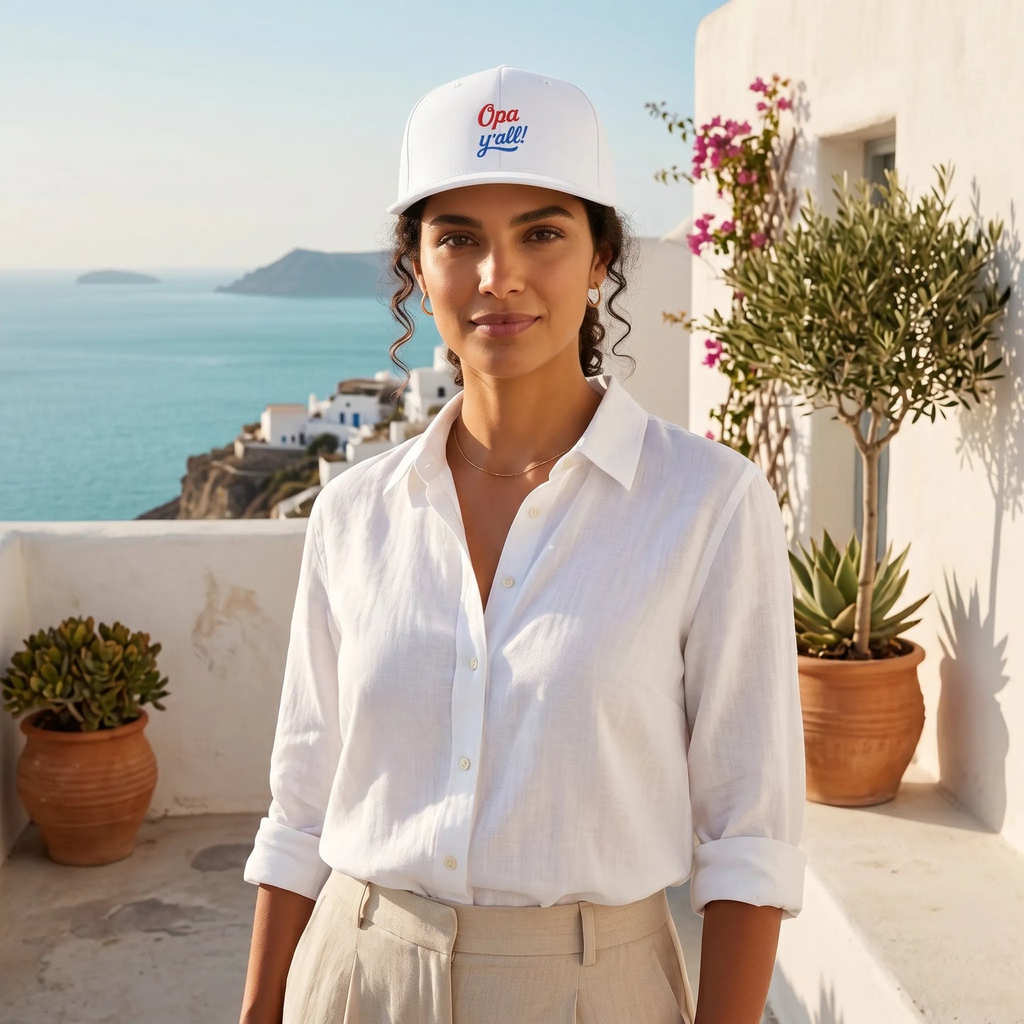 Woman wearing a white shirt and cap with a scenic background