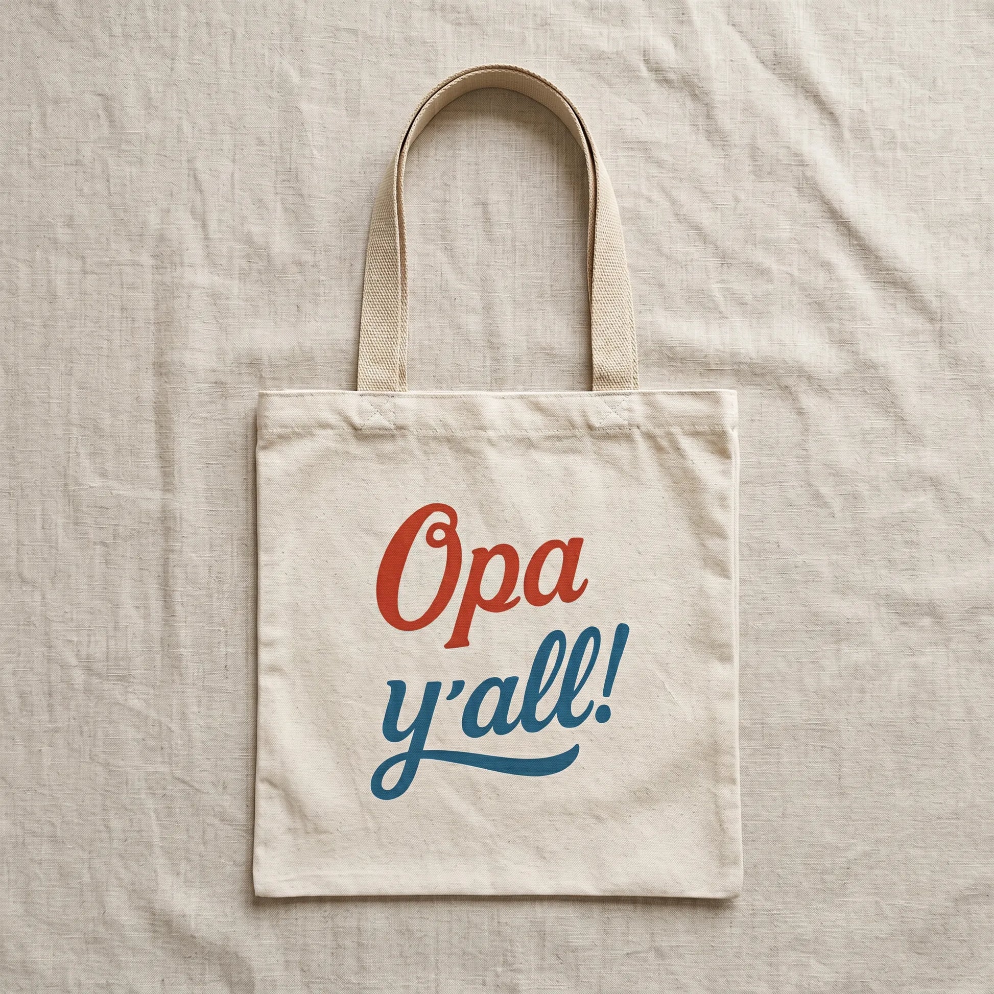 Opa y’all Greek summer tote bag with beige handles in a flat lay mockup on a light neutral background