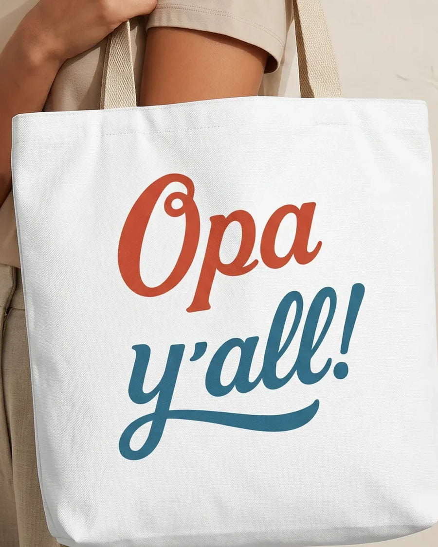 Opa y'all! Greek Summer Tote Bag, ToldPrint Mediterranean graphic tote bag