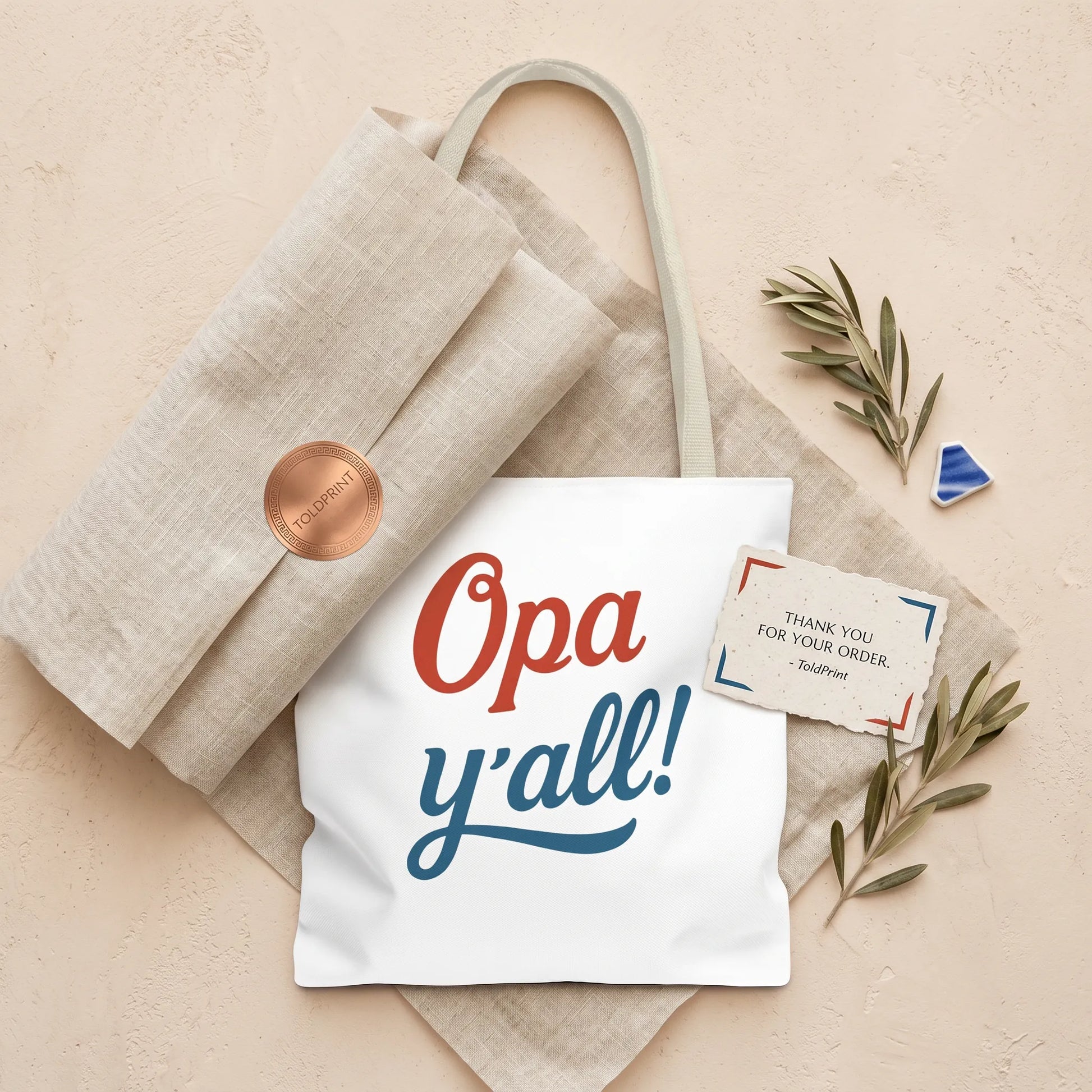 Opa y’all Greek summer tote bag presented in minimal ToldPrint packaging mockup