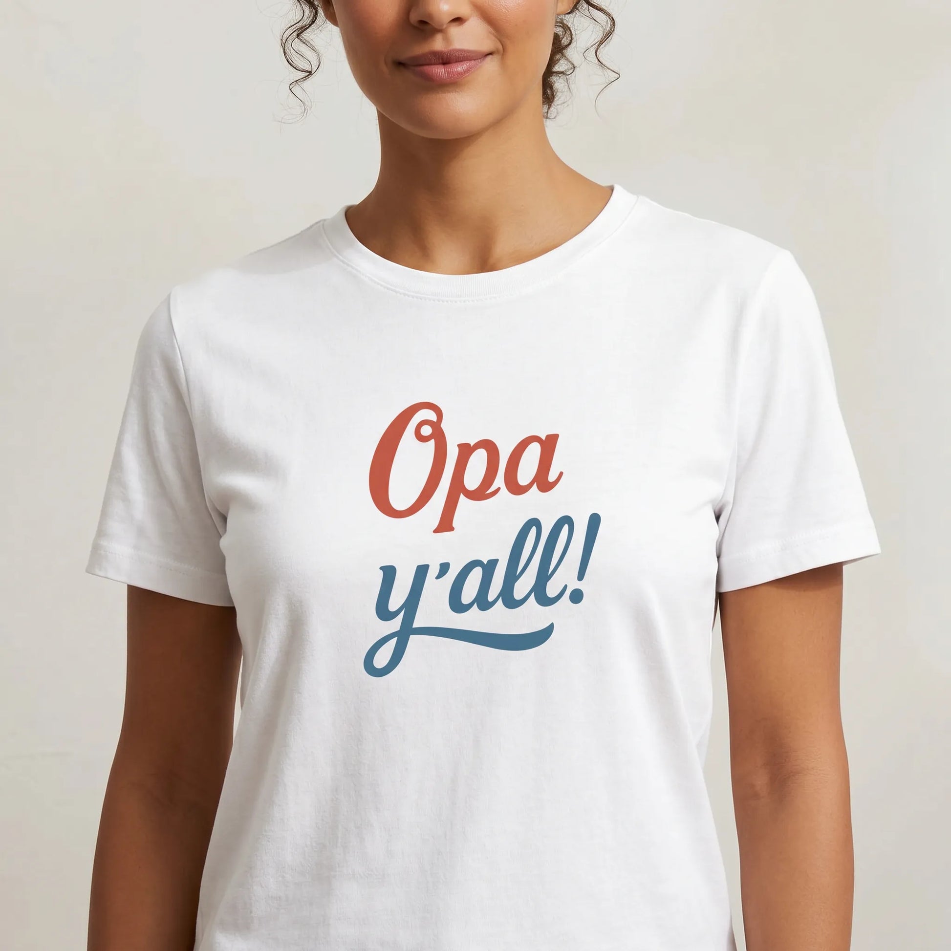 TP HERO: Person wearing a white t-shirt with 'Opa y'all!' text on a plain background