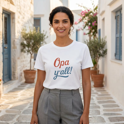 Woman wearing a white t-shirt with 'Opa y'all!' text in a sunlit alleyway.