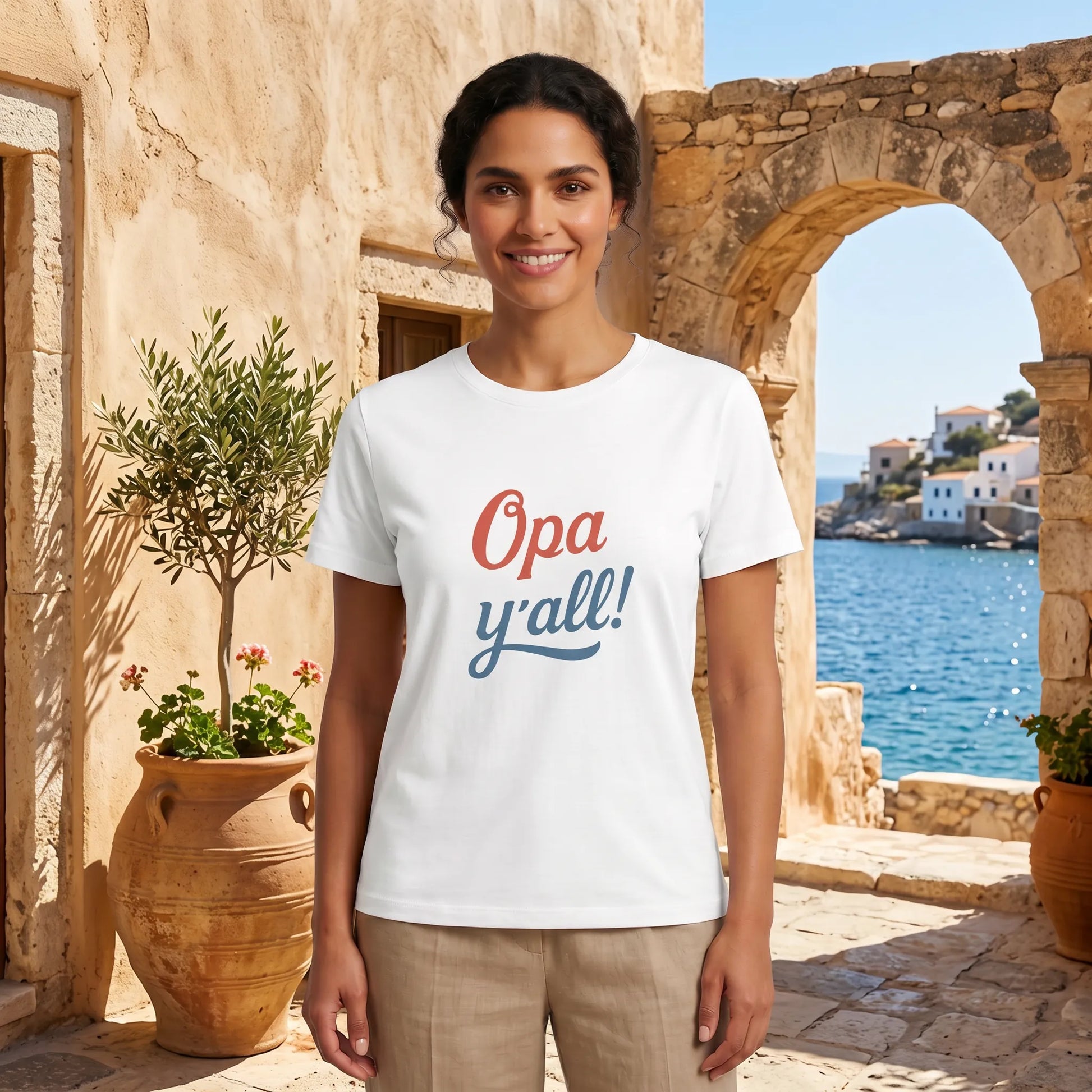 Woman wearing a white t-shirt with 'Opa y'all!' text, standing in front of stone arches and ocean view.