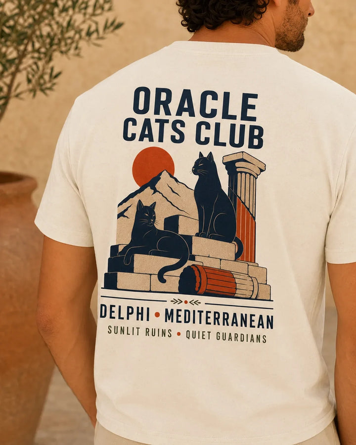 Oracle Cats Club T-Shirt, Mediterranean Cat Graphic Tee, ToldPrint Mediterranean graphic t-shirt