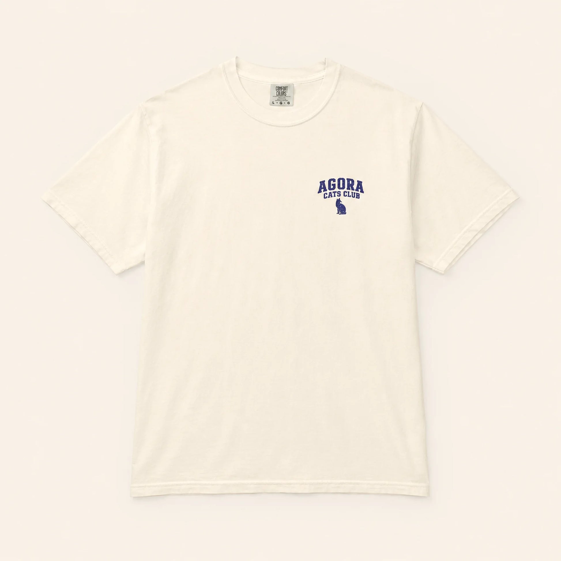White t-shirt with 'Agora Cats Club' logo on a white background